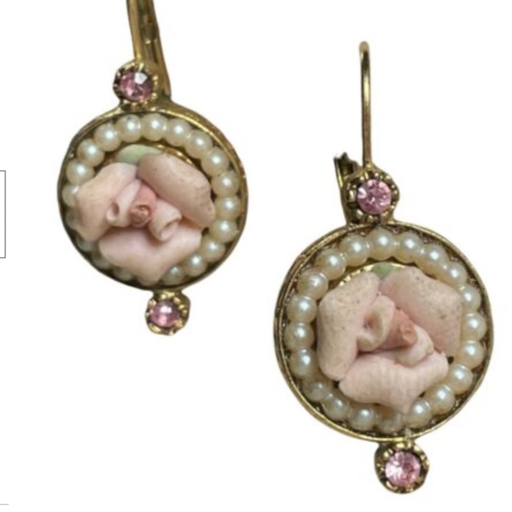 vintage 1980s roses and pearls with pink Swarovski crystals gold dangle earrings